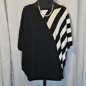 Black White Asymmetrical Stripe Batwing Top One Size Oversized Blouse